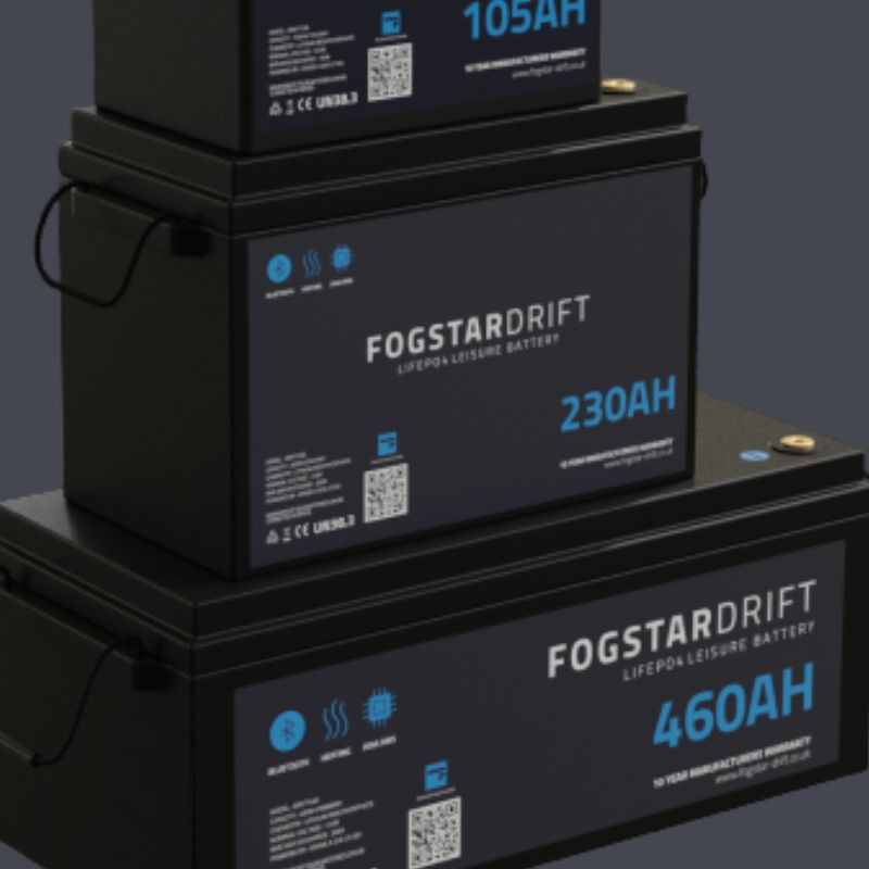 The collection of Fogstar Drift Leisure Batteries, including the 406AH, 230AH and 105AH.